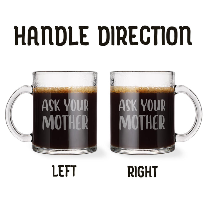 Handle direction guide showing left and right handle options for the engraved glass mug. Helps customers choose the preferred orientation for their design placement.