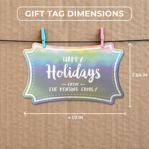 Slim rectangle Christmas gift tag size guide showing dimensions on kraft paper with colorful mini clothespins.