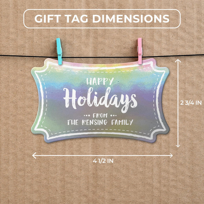 Slim rectangle Christmas gift tag size guide showing dimensions on kraft paper with colorful mini clothespins.