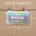Slim rectangle Christmas gift tag size guide showing dimensions on kraft paper with colorful mini clothespins.