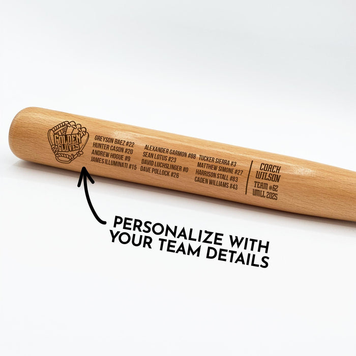 A mini wooden baseball bat has a team logo and roster engraved on it. The words "Personalized with your team details" are shown underneath the bat. The baseball bat sits on a white background.