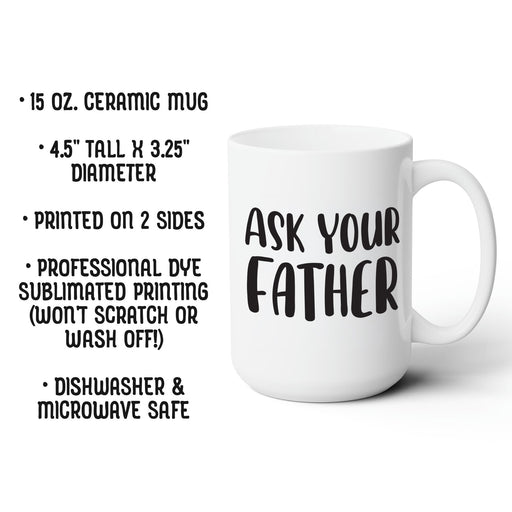 Product details graphic showing the white ceramic mug with size and care information. Highlights include 15 oz capacity, dishwasher safe, microwave safe, and high-quality sublimation printing.