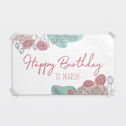 Personalized floral banner featuring a custom birthday message and name surrounded by elegant botanical artwork.