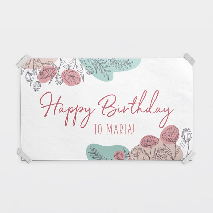 Personalized floral banner featuring a custom birthday message and name surrounded by elegant botanical artwork.