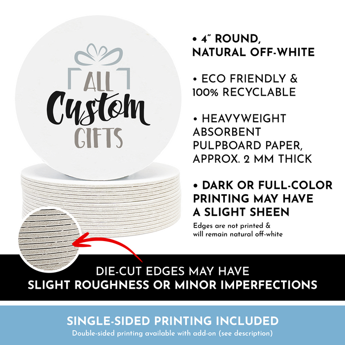 a stack of white round coasters with black lettering