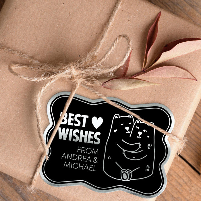 Personalized Bear Couple wedding gift tag attached to a wrapped kraft paper gift box using natural twine. The black and gold foil design adds an elegant touch to wedding gift packaging.