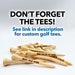 Don’t forget the tees! See link in description for custom golf tees. A pile of golf tees are shown customized with different fonts and text.