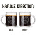 Two identical glass mugs with the text engraved on them. Each showcasing handle direction, LEFT or RIGHT.