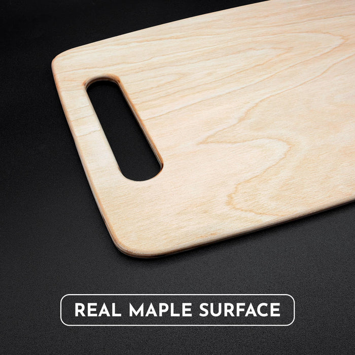 Maple cutting board with handle showing the natural wood grain and real maple surface.
