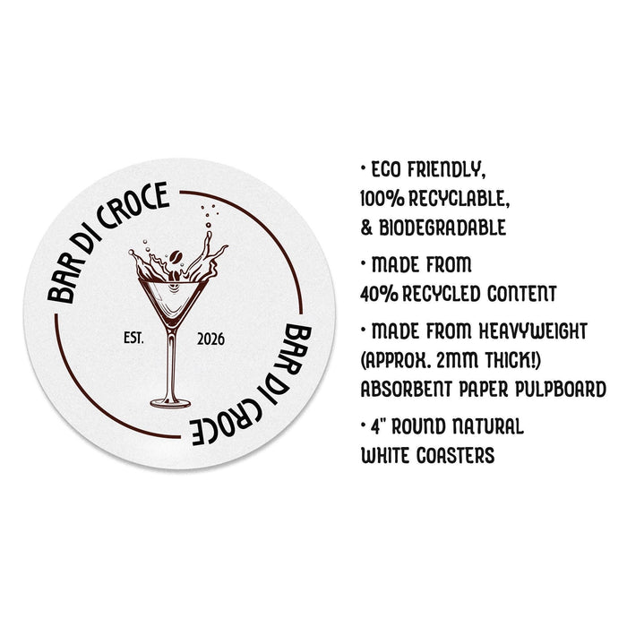Product details image showing a personalized espresso martini coaster beside material information, featuring the custom bar name, espresso martini design, and established year.