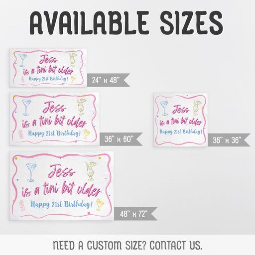 Available size options for the personalized birthday banner, including four banner sizes and custom sizing information.