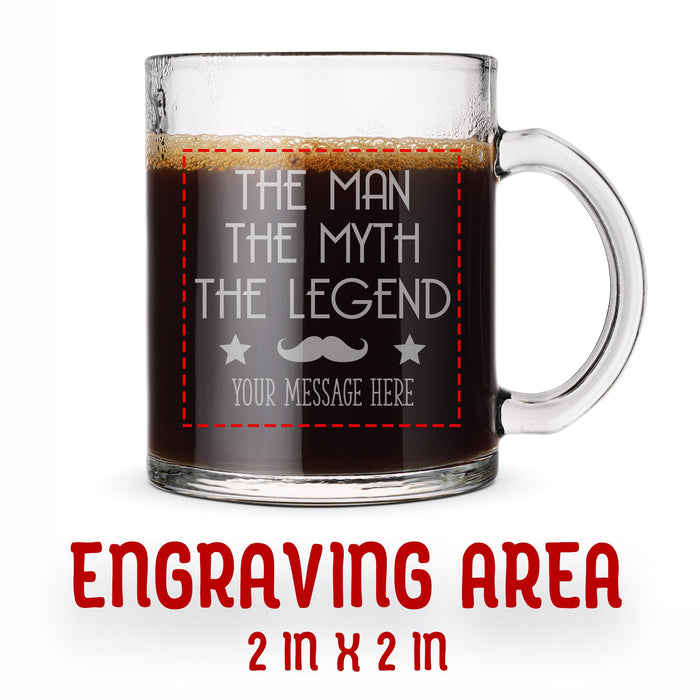 A glass mug with an engraved design on it. The mug is filled with tea, and there is text under the mug that reads "Engraving Area is 2 in x 2 in”