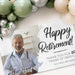 Close-up angled view of the Happy Retirement banner showcasing the custom photo, personalized name, and years of service details.