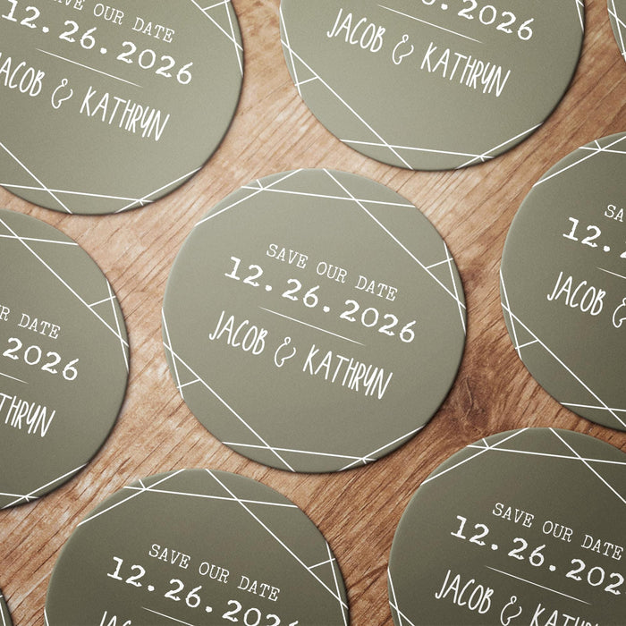 Personalized Save the Date coasters shown in multiple colors. Modern geometric wedding favors customized with names and date.