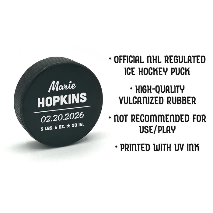 Product details graphic showing the UV printed birth announcement hockey puck with information about the rubber material, size, and display use.