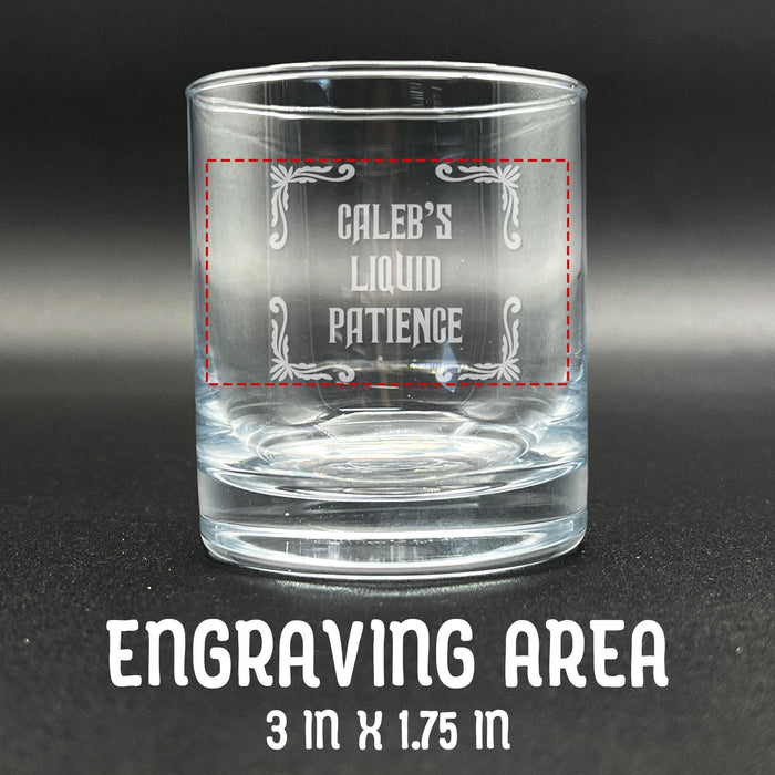 Close-up image showing the engraving area dimensions of the whiskey glass, measuring 3 inches by 1.75 inches. The red outline helps customers visualize the placement and size of the personalized design on the glass.