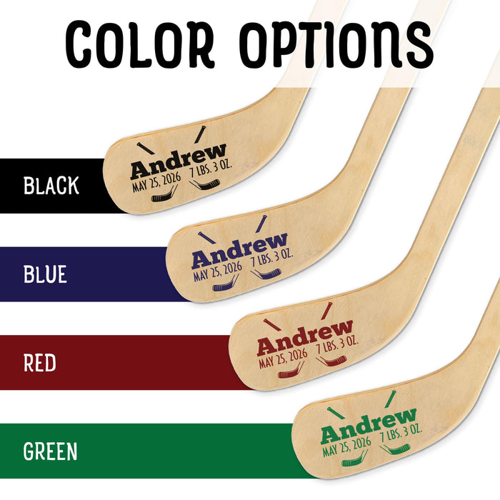 Color options for the personalized hockey stick design, displaying black, blue, red, and green print variations on wooden sticks.
