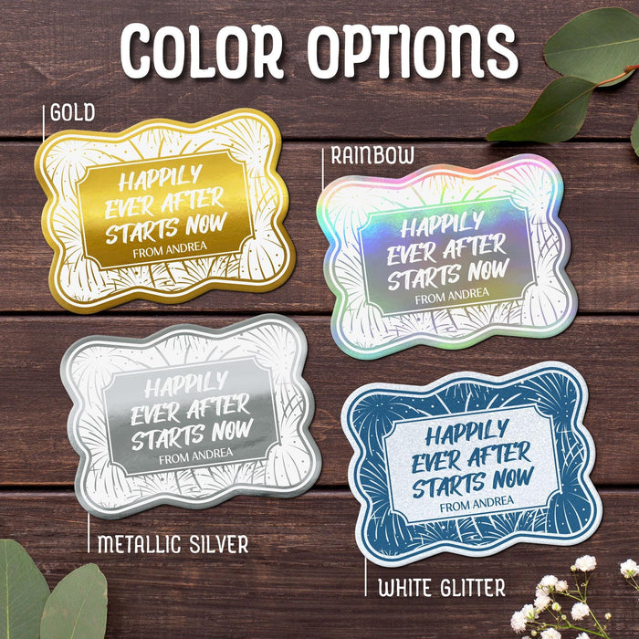 Color options display for the “Happily Ever After Starts Now” wedding gift tag design. The image shows Gold, Rainbow, Metallic Silver, and White Glitter foil cardstock variations with customizable text.