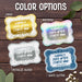 Color options display for the “Happily Ever After Starts Now” wedding gift tag design. The image shows Gold, Rainbow, Metallic Silver, and White Glitter foil cardstock variations with customizable text.