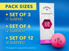 Pack sizes include:
• Set of 3 (1 Sleeve)
• Set of 6 (2 Sleeves)
• Set of 12 (4 Sleeves)
*Packaged in original branded box

The background image shows a sleeve of monogrammed pink Callaway golf balls on a blue surface.