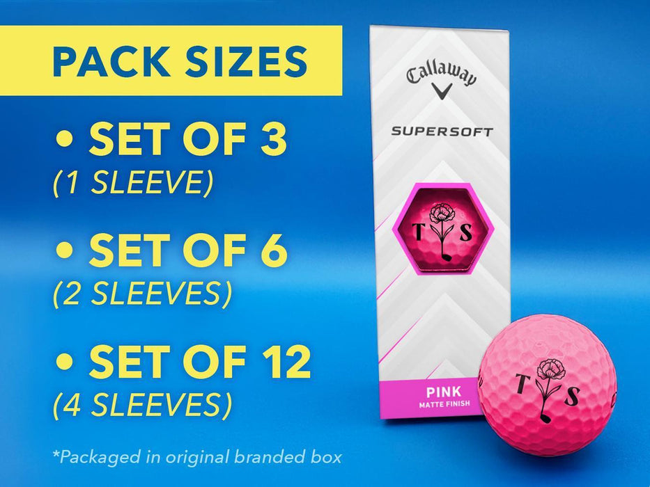 Pack sizes include:
• Set of 3 (1 Sleeve)
• Set of 6 (2 Sleeves)
• Set of 12 (4 Sleeves)
*Packaged in original branded box

The background image shows a sleeve of monogrammed pink Callaway golf balls on a blue surface.