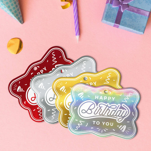 Four birthday rectangle tags in metallic gold, metallic silver, metallic red, and metallic rainbow.