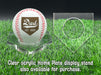 A personalized baseball with red stitching is placed on a clear acrylic stand, accompanied by a text overlay that reads Clear acrylic Home Plate display stand also available for purchase.