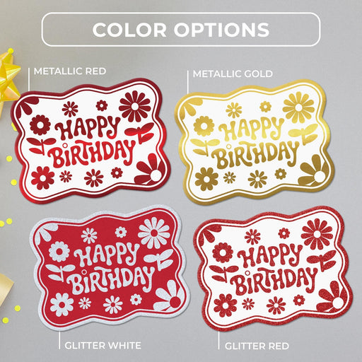 Birthday tag color options in metallic red, metallic gold, glitter white, and glitter red.