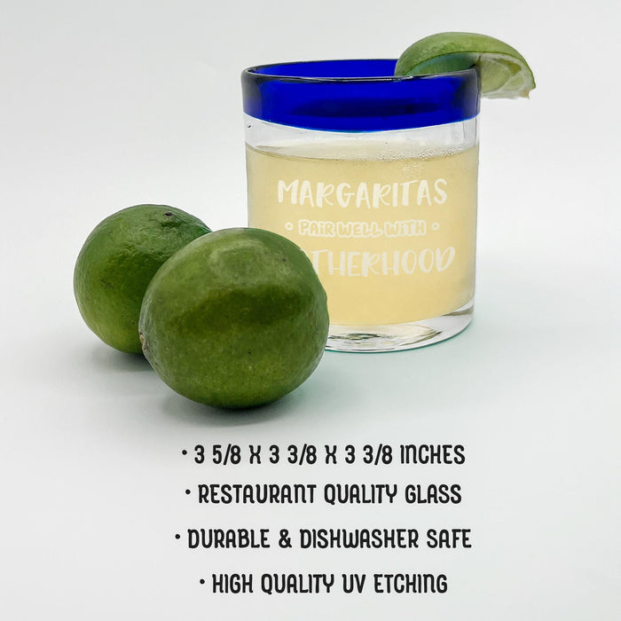 Blue rim margarita glass with lime garnish, featuring 12 oz capacity, restaurant quality glass, durable UV etching, and dishwasher safe design.