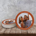Custom photo Save the Date coaster displayed on a rustic wood surface. Personalized with a favorite photo, names, and wedding date.