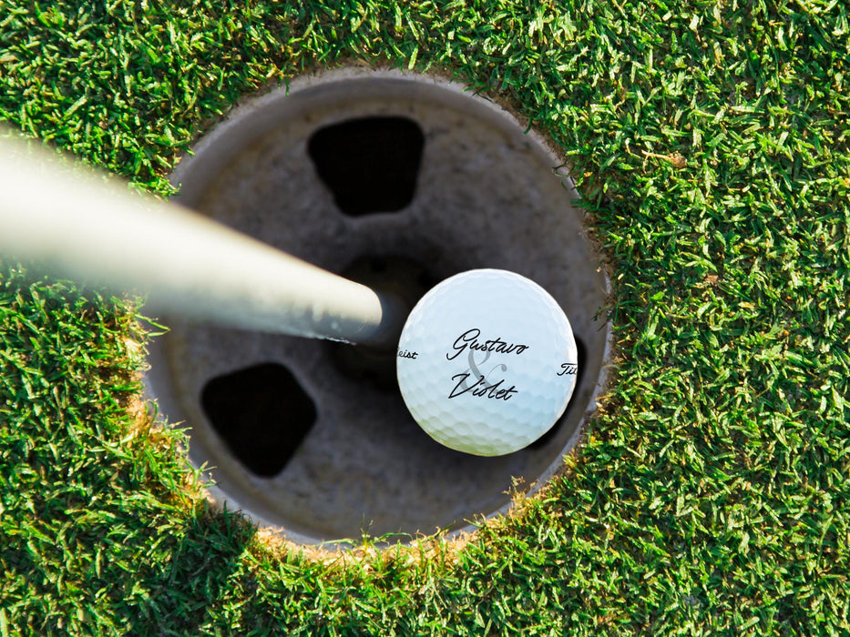 Titleist golf ball shown in a golf course hole.