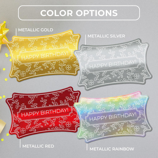 Floral birthday tag color options in metallic gold, metallic silver, metallic red, and metallic rainbow.