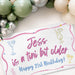 Personalized birthday banner displayed beneath a balloon garland with cocktail-inspired illustrations and custom text.