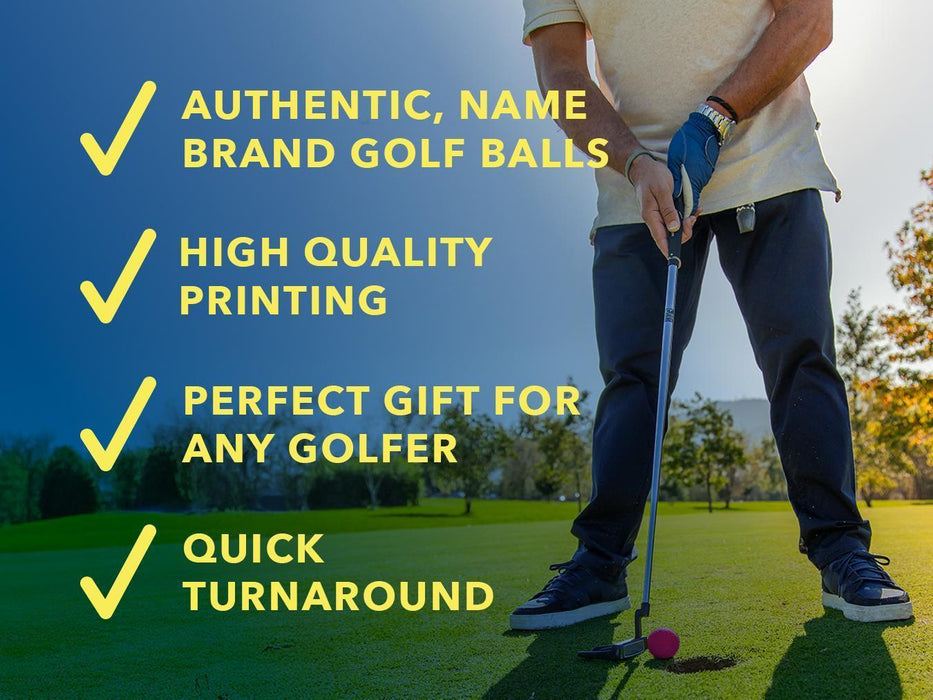 • Authentic, Name Brand Golf Balls
• High Quality Printing
• Perfect Gift For Any Golfer
• Quick Turnaround
A photo of a man golfing on a golf course is shown in the background.