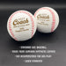 Two personalized baseballs accompanied by a text overlay that reads • standard size baseball • made from superior synthetic leather • Not recommended for use/play • laser engraved