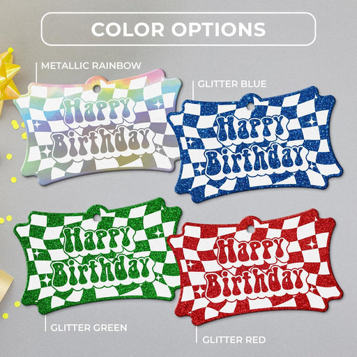 Groovy tag color options in metallic rainbow, glitter blue, glitter green, and glitter red shown together.