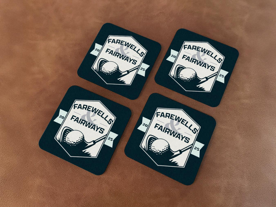 Custom square pulpboard coasters are shown sitting on leather surface. The coaster features design with an illustration of a golf ball and with club behind it and custom text.