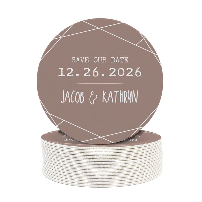 Save the Date wedding coaster featuring a geometric line pattern with custom names and wedding date. Printed on heavyweight absorbent paper coaster material.