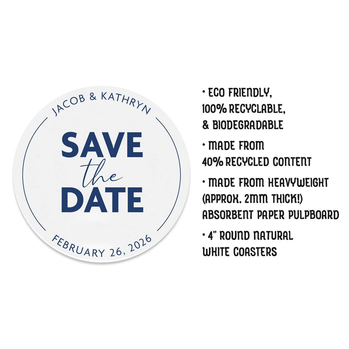 Product details and specifications for personalized Save the Date coasters, including size and material information.