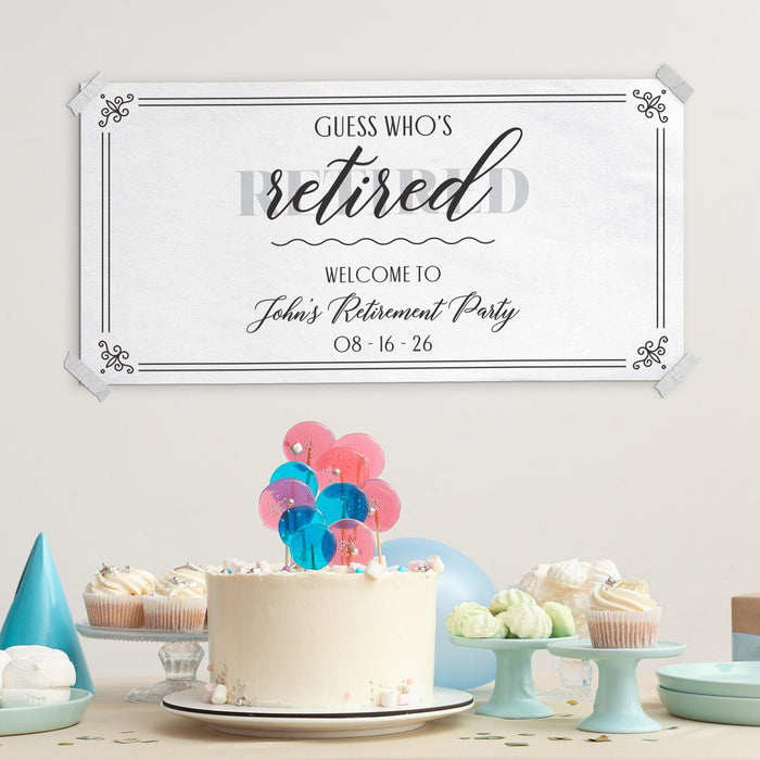 Personalized retirement banner displayed above a celebration table with cake and party decorations. Elegant retirement party sign customized with the retiree's name and date.
