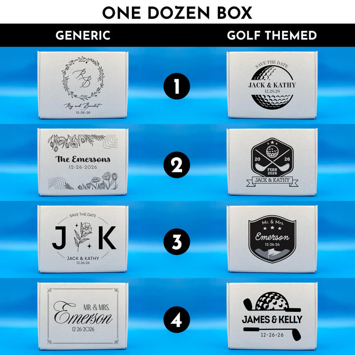 Design selection guide showing all available 3 Sleeve wedding gift box designs. Includes personalized designs with names, dates, monograms, and golf themes.