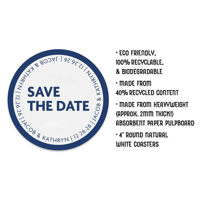 Product details and specifications for personalized Save the Date coasters, including size and material information.