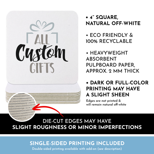The image is a promotional material for custom gifts, featuring a white coaster with a design and text, along with some additional information about the product.