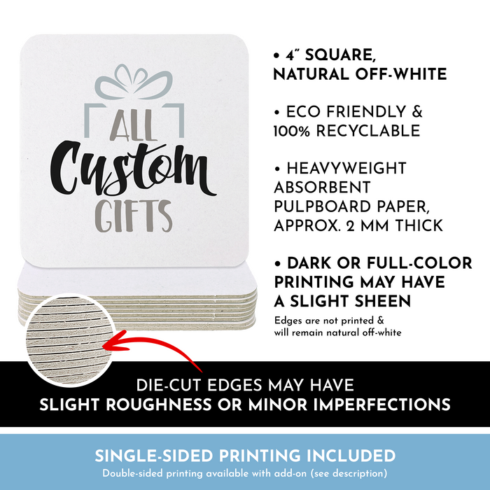 The image is a promotional material for custom gifts, featuring a white coaster with a design and text, along with some additional information about the product.