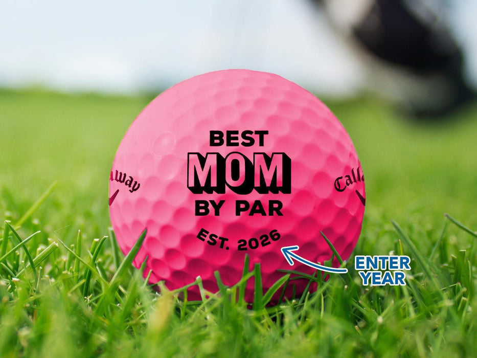 Customization standards for designs shown with arrow pointing to date. Design is seen on a pink Callaway golf ball on a golf course.