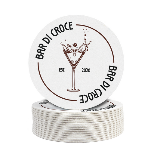 A stack of white coasters with a circular logo featuring a martini glass and the text "BAR DI CROCE" and "EST. 2026".