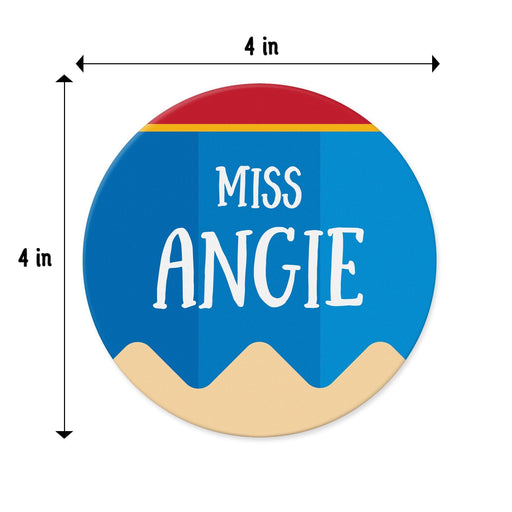 Close-up of pencil style coaster with dimensions shown. Highlights 4-inch round size and design layout.