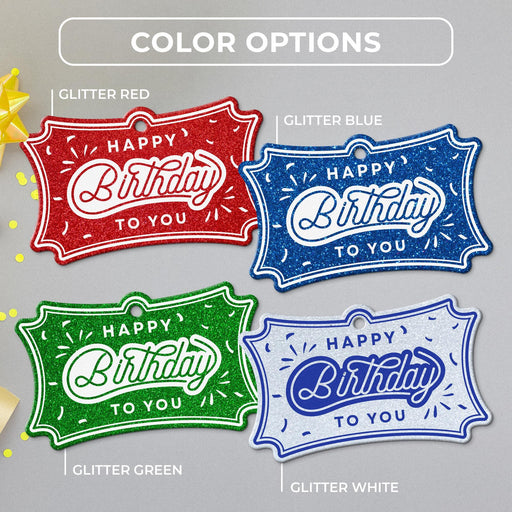 Confetti birthday tag color options in glitter red, glitter blue, glitter green, and glitter white.