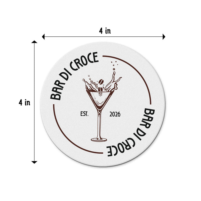 Size guide showing the personalized espresso martini coaster at approximately 4 inches round, with the custom bar name, espresso martini illustration, and established year.