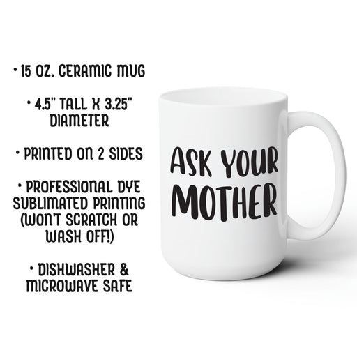 Product details graphic showing the white ceramic mug with size and care information. Highlights include 15 oz capacity, dishwasher safe, microwave safe, and premium sublimation printing.